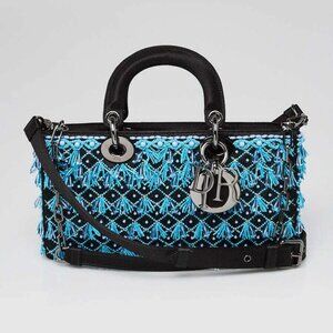 Christian Dior Black Satin and Turquoise Beaded Fringe Lady D-Joy Bag